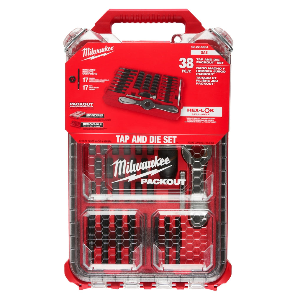 Milwaukee 49-22-5604 - 38-teiliges SAE-Gewindebohrer- und Schneideisen-Packout™-Set mit Hex-LOK™ 2-in-1-Griff