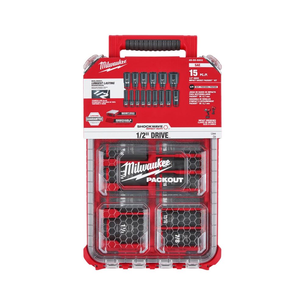 Milwaukee 49-66-6802 - Coffret de 15 douilles SHOCKWAVE Impact Duty™ 1/2 po SAE PACKOUT™