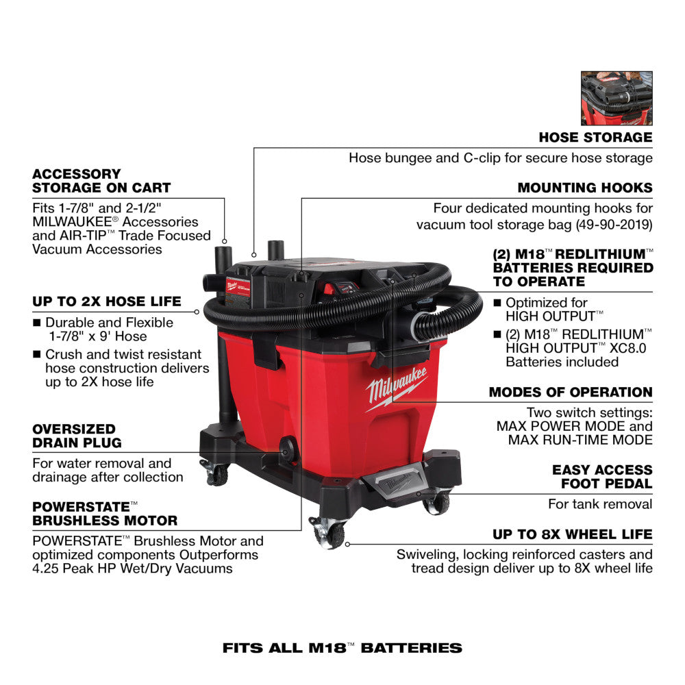 Milwaukee 0920-22HD - Aspirateur eau et poussière M18 FUEL™ 9 gallons à double batterie