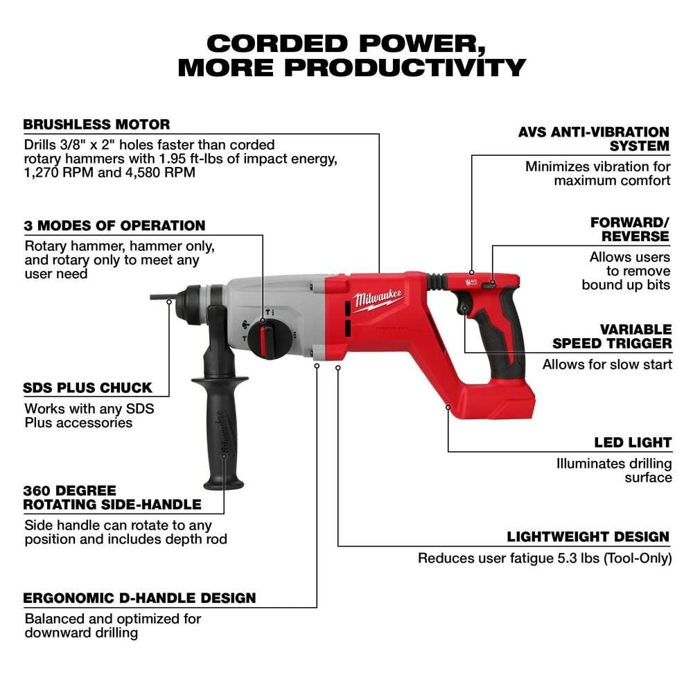 Milwaukee 2613-20 - M18™ Brushless 1” SDS Plus D-Handle Rotary Hammer