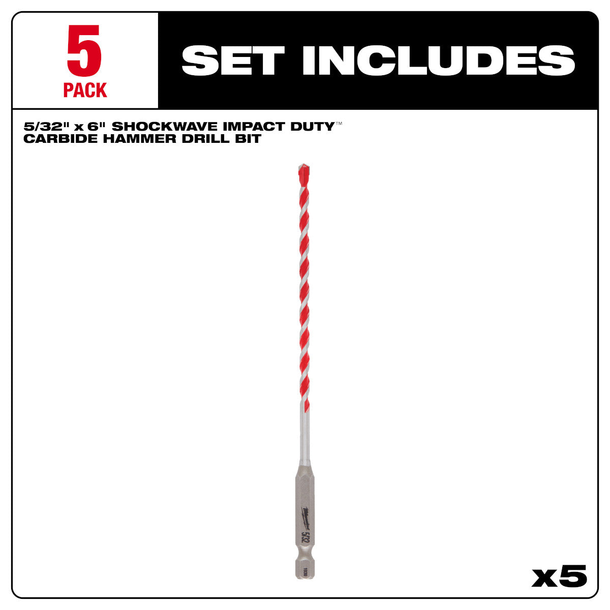 Milwaukee 48-20-9155 - 5/32" x 4" x 6" SHOCKWAVE Impact Duty™ Carbide Hammer Drill Bits - 5 PK