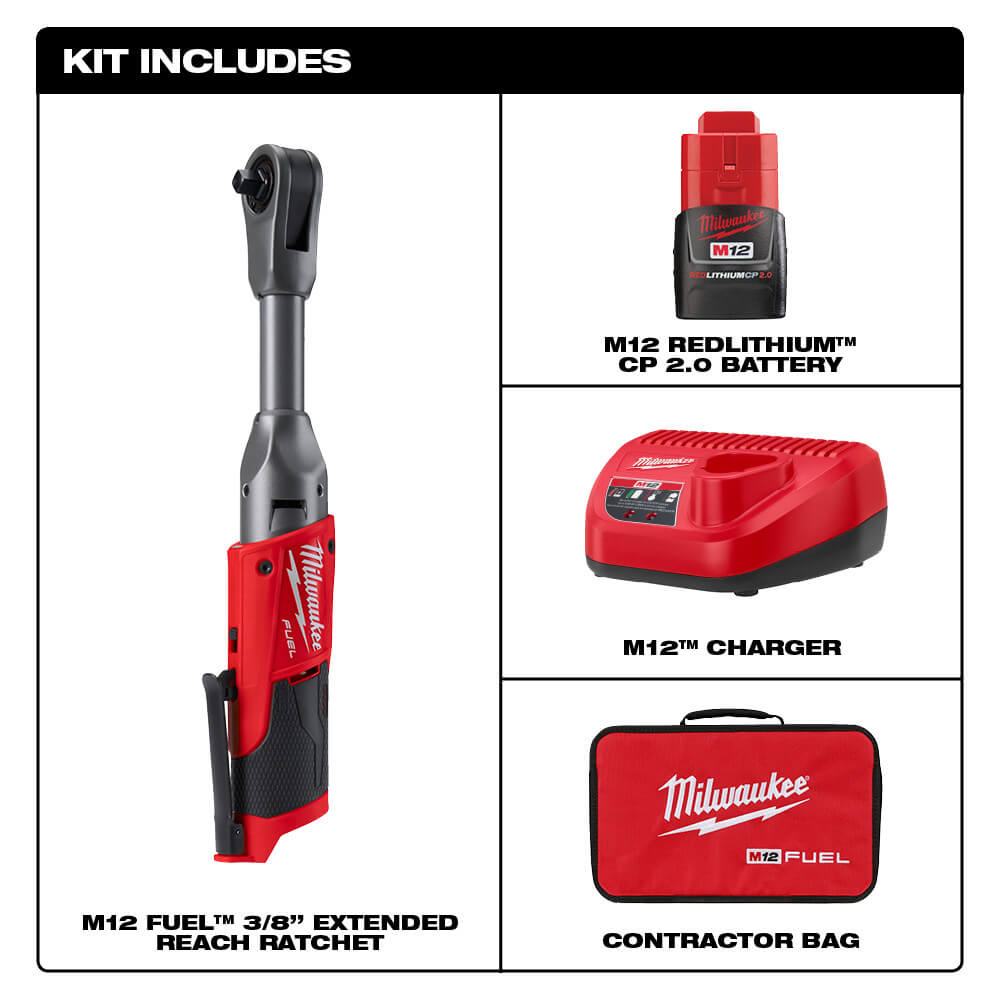 Milwaukee 2560-21 - M12 FUEL™ 3/8 Zoll Ratschen-Set mit erweiterter Reichweite, 1 Akku-Kit