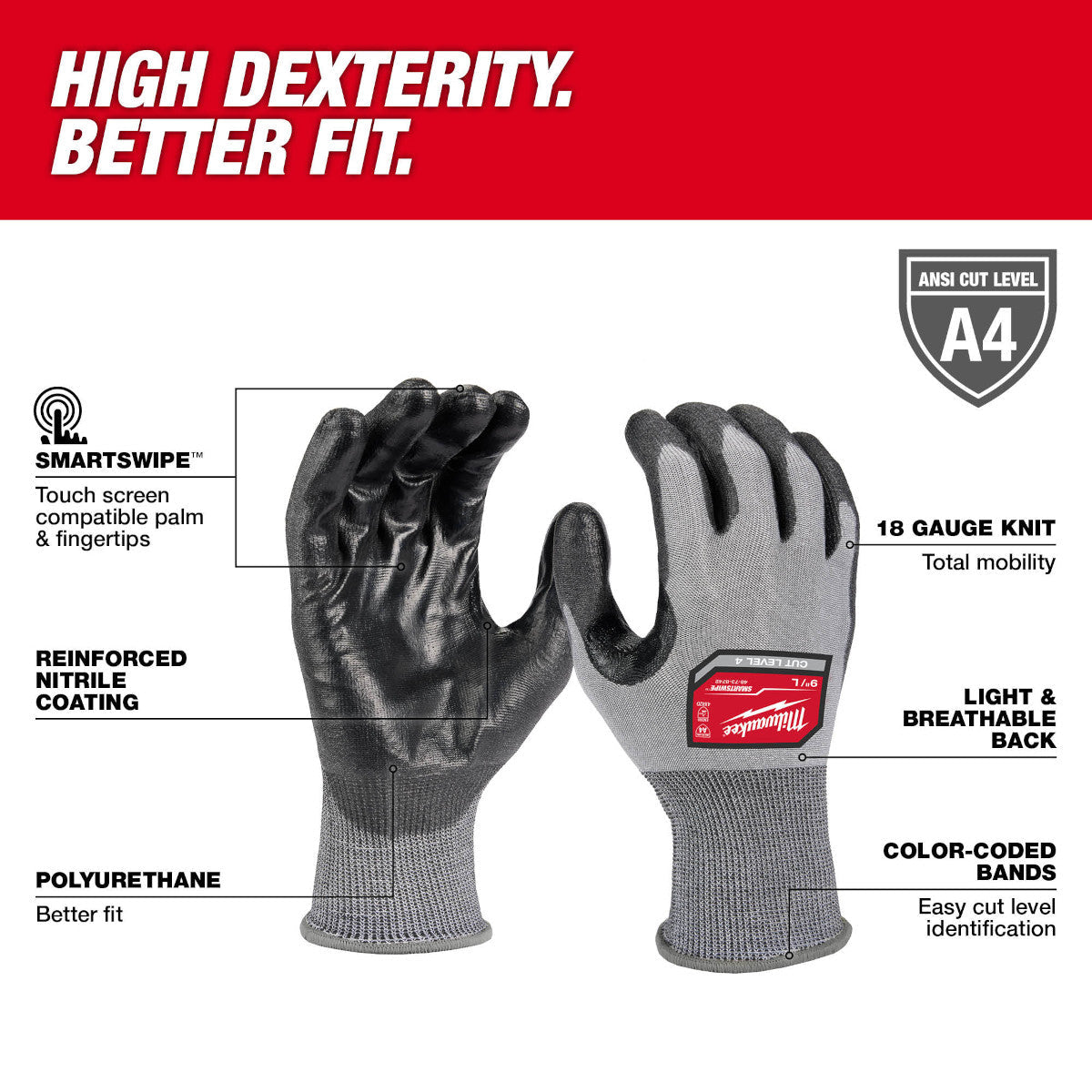 Milwaukee 48-73-8743 - Gants en polyuréthane haute dextérité, niveau de coupure 4 - XL