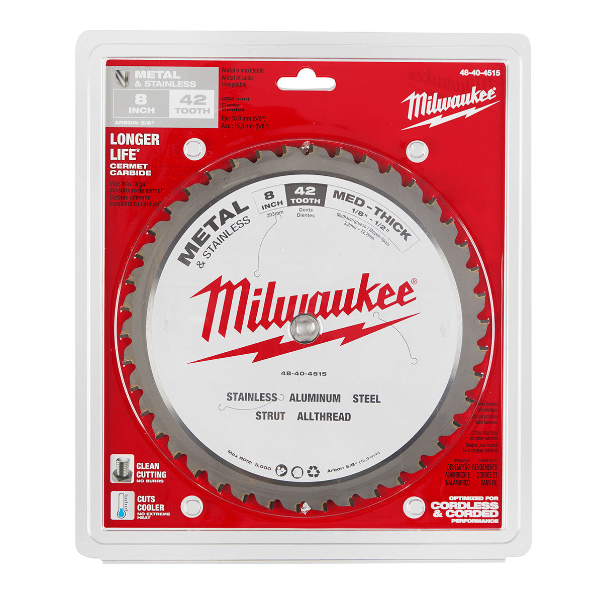 Lame de scie circulaire Milwaukee 48-40-4515 - 8 po, 42 dents, coupe à sec, pointe cermet