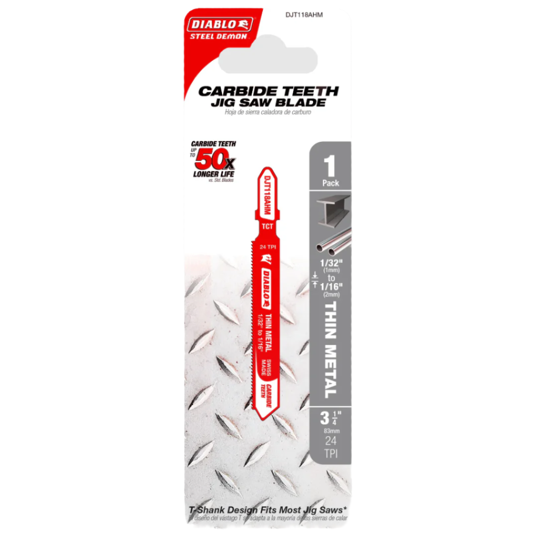 Diablo DJT118AHM - 3-1/4 in. 24 TPI Carbide T-Shank Jig Saw Blade for Thin Metal - Wise Line Tools