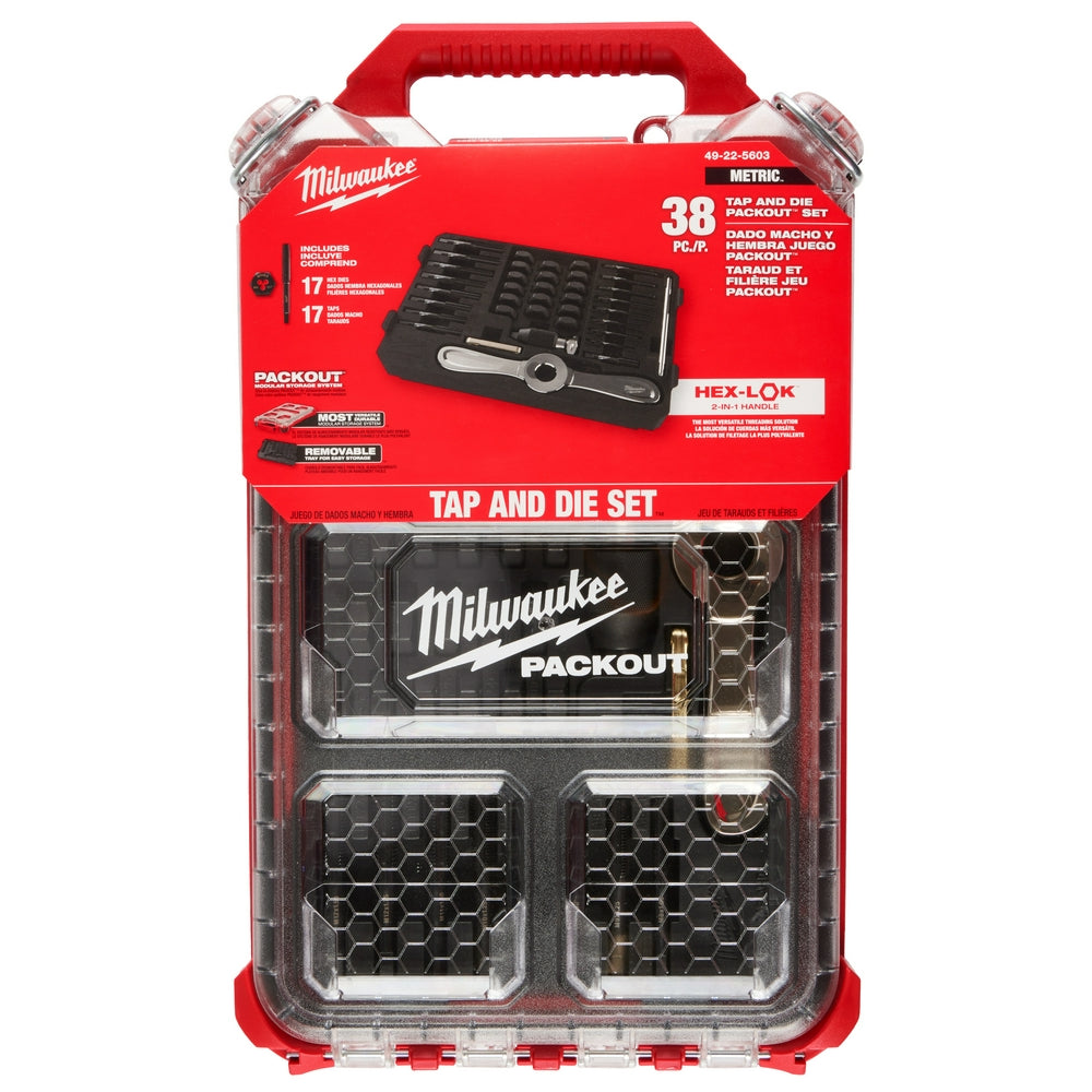 Milwaukee 49-22-5603 - 38-teiliges metrisches Gewindebohrer- und Schneideisen-Packout™-Set mit Hex-LOK™ 2-in-1-Griff