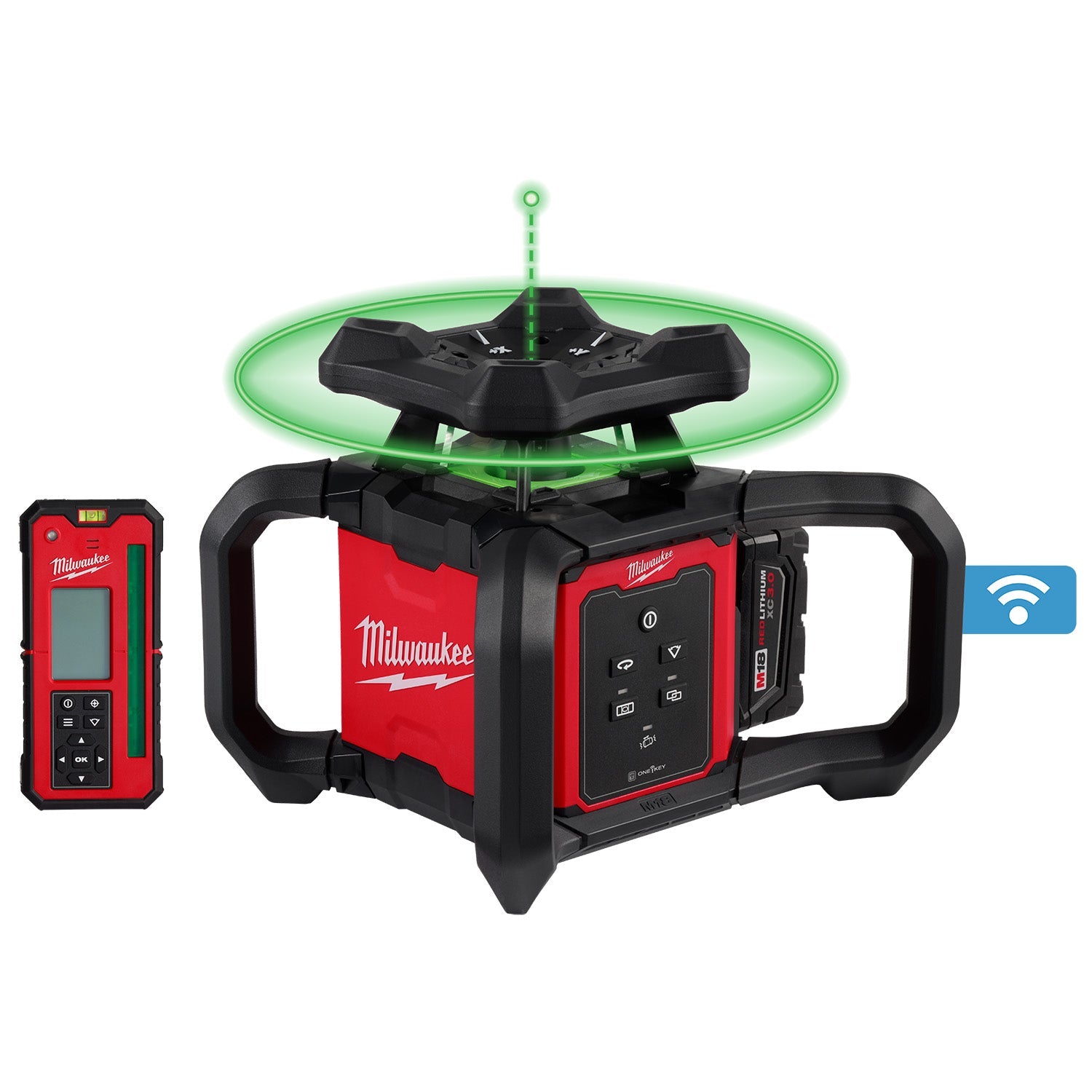 Kit de niveau laser rotatif intérieur vert Milwaukee 3702-21 M18™ avec télécommande/récepteur et support mural