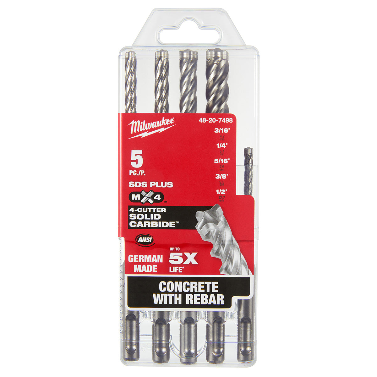 Milwaukee 48-20-7498 - Kit de 5 forets pour marteau perforateur SDS-Plus MX4™ à 4 tranchants