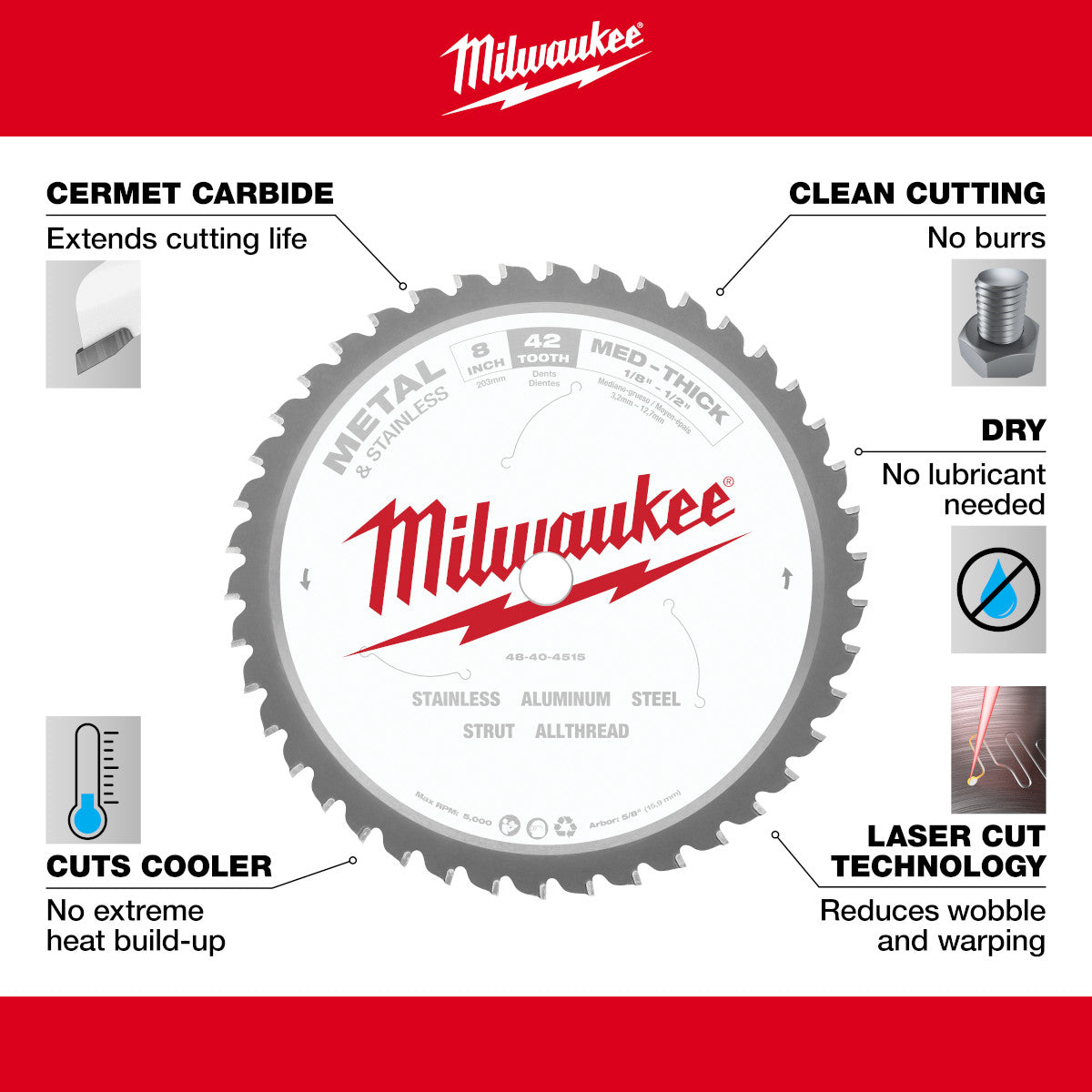 Lame de scie circulaire Milwaukee 48-40-4515 - 8 po, 42 dents, coupe à sec, pointe cermet