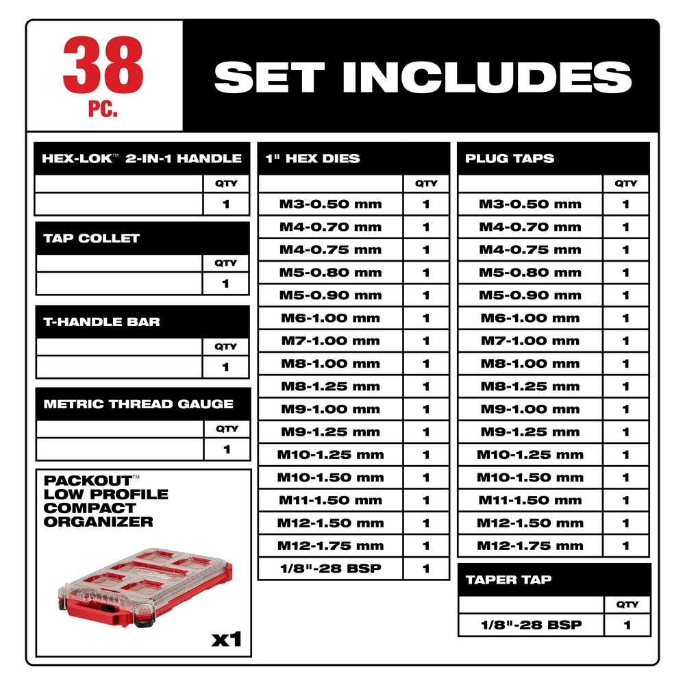 Milwaukee 49-22-5603 - Jeu de 38 tarauds et filières métriques PACKOUT™ avec poignée Hex-LOK™ 2 en 1