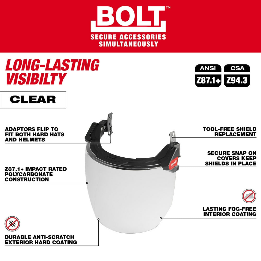 Milwaukee 48-73-1420 - Visière faciale intégrale BOLT™ - Verre transparent à double couche (compatible avec les casques de sécurité et les casques de chantier)