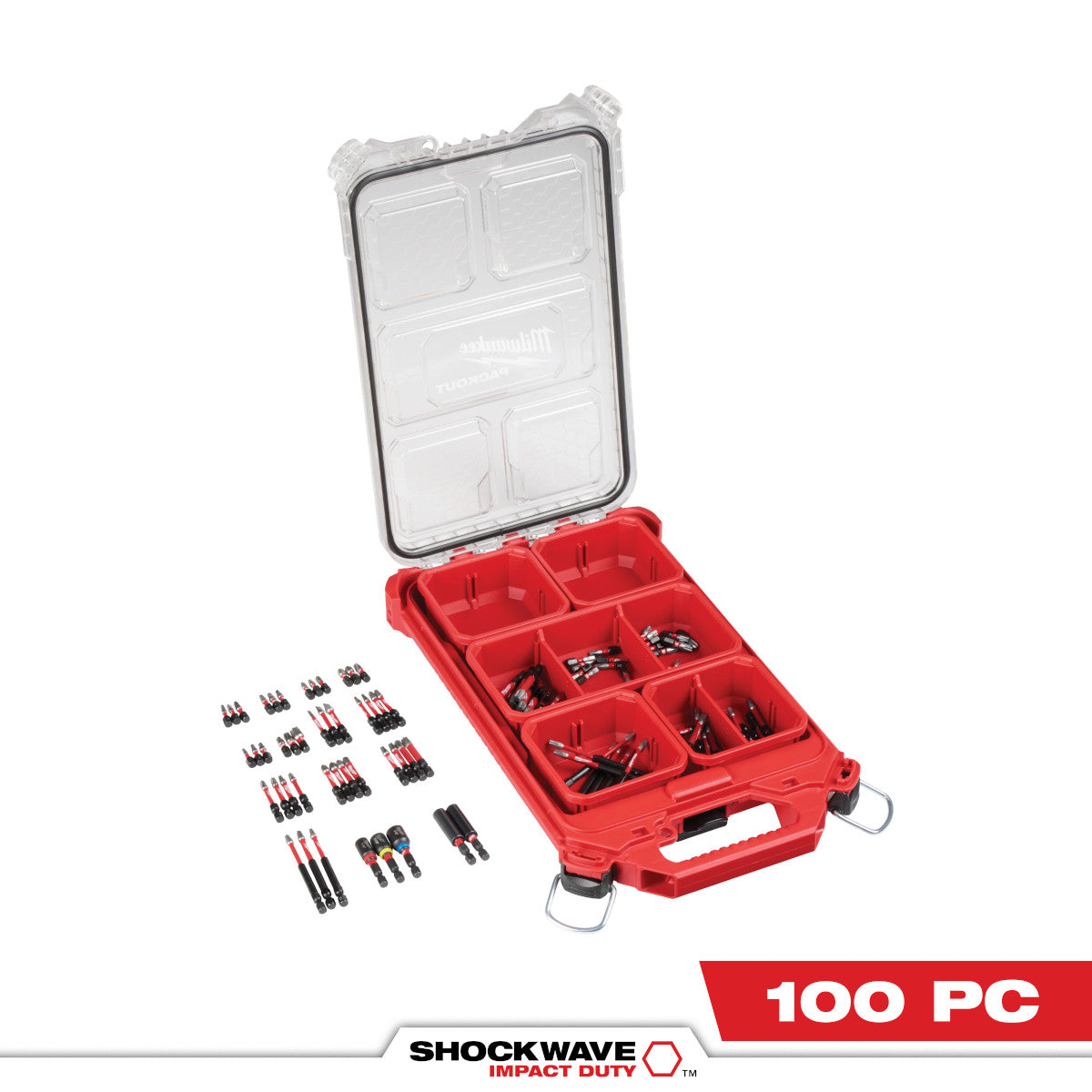 Jeu d'embouts Shockwave Milwaukee 100 pièces dans un organiseur PACKOUT - 48-32-5156