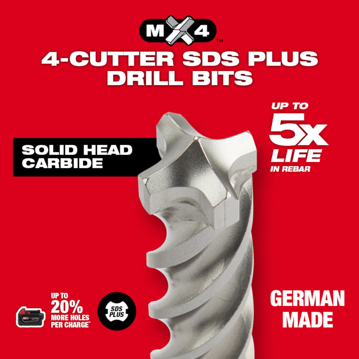 Milwaukee 48-20-7498 - 5-Piece MX4™ 4-Cutter SDS-Plus Rotary Hammer-Drill Bit Kit