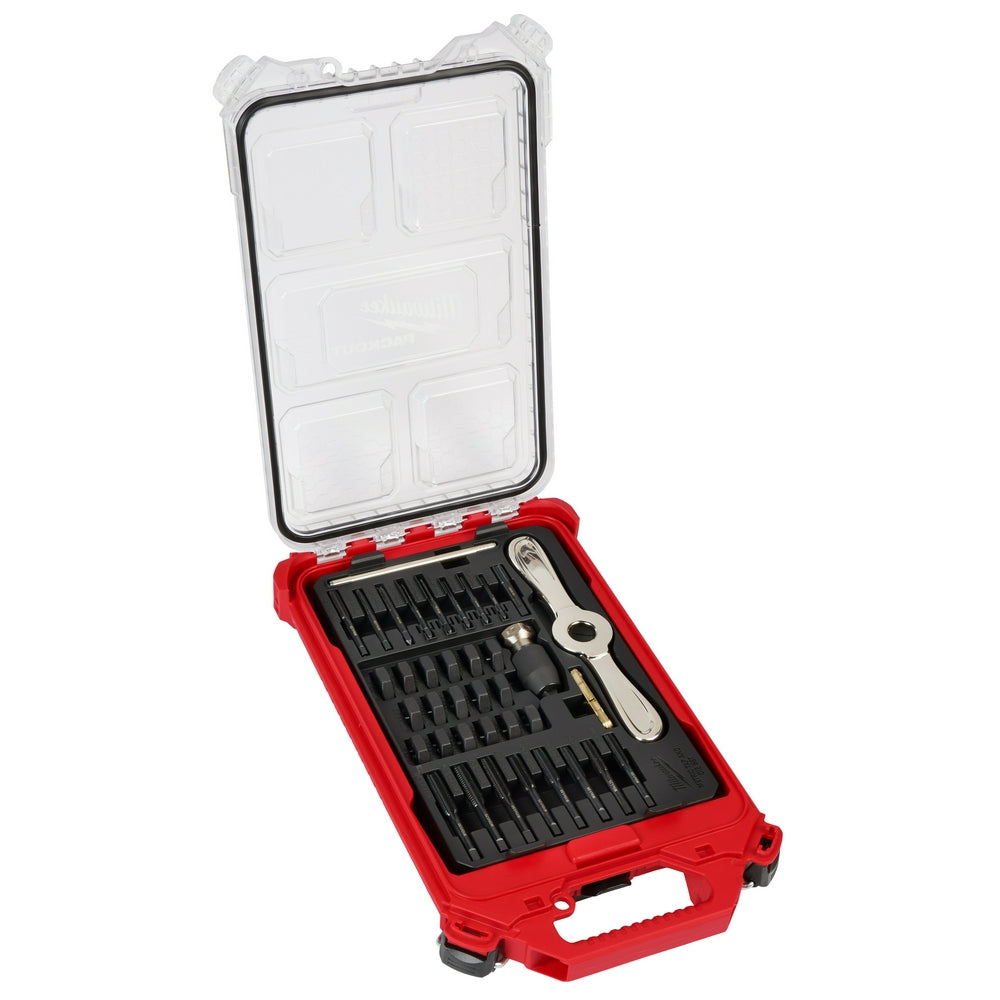 Milwaukee 49-22-5603 - 38-teiliges metrisches Gewindebohrer- und Schneideisen-Packout™-Set mit Hex-LOK™ 2-in-1-Griff