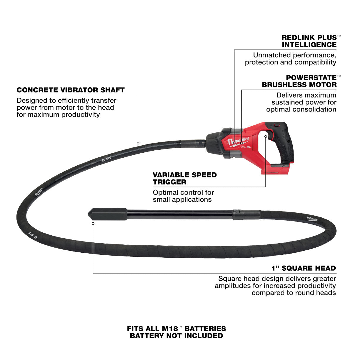 Milwaukee 2911-20 - Vibrateur à béton M18 FUEL™ 8 pi - Outil seulement