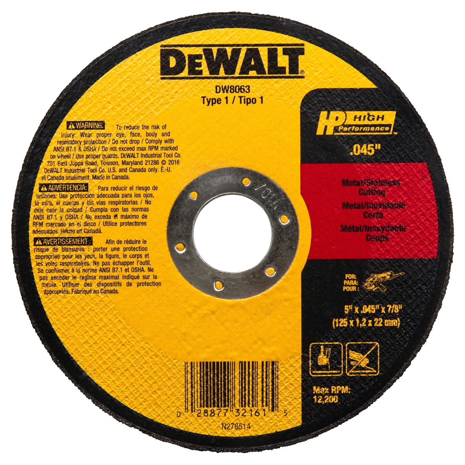 Dewalt DW8063  -  5"X.045"X7/8" METAL THIN CUT-OFF WHL-TP1