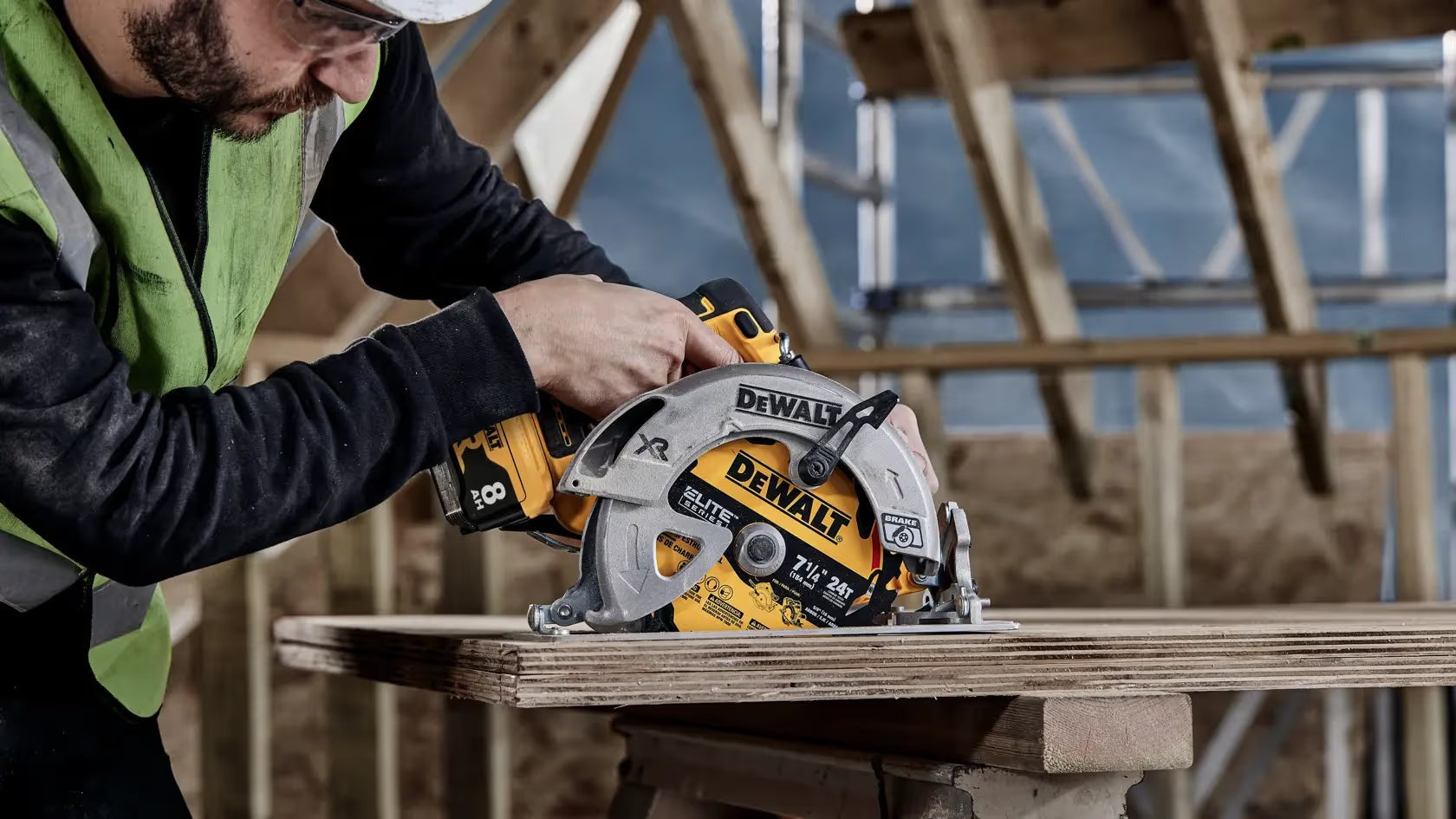 Saw Blade Cutting Hardwood with Sawdust