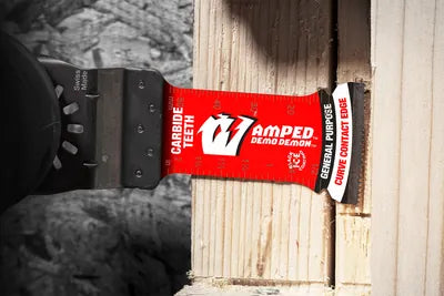 Diablo AMPED carbide oscillating blade cutting through framing lumber